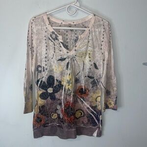 Cubism Womens Top Size Large Multi colored floral Burnout V-Neck 3/4 Sleeve